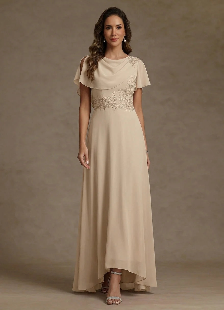 A-Line/Princess Scoop Chiffon Mother of the Bride Dresses Asymmetrical Floor-Length Cape Sleeves Lace Floral