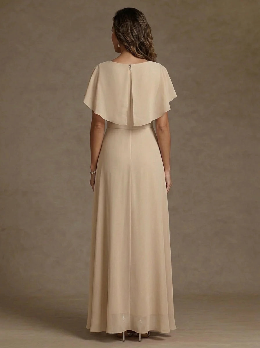 A-Line/Princess Scoop Chiffon Mother of the Bride Dresses Asymmetrical Floor-Length Cape Sleeves Lace Floral