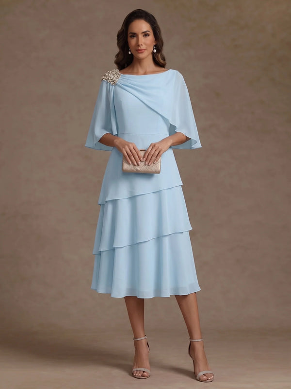 A-Line/Princess Boat Neck Chiffon Mother of the Bride Dresses Tea-Length Cape Sleeves Ruffles