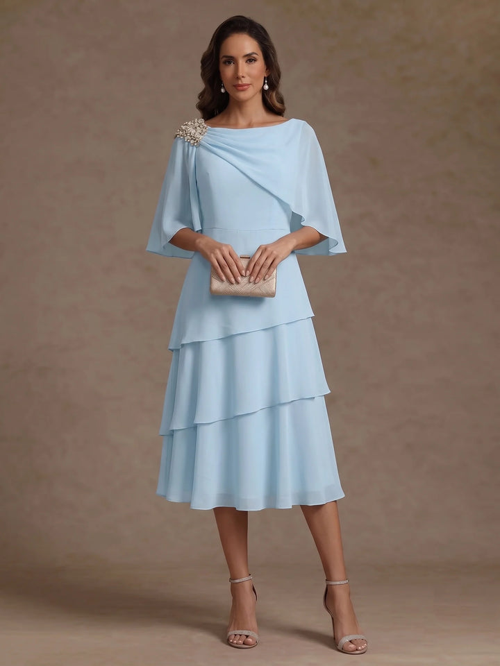 A-Line/Princess Boat Neck Chiffon Mother of the Bride Dresses Tea-Length Cape Sleeves Ruffles