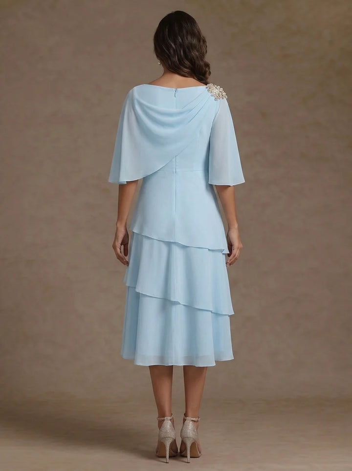 A-Line/Princess Boat Neck Chiffon Mother of the Bride Dresses Tea-Length Cape Sleeves Ruffles