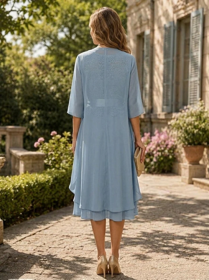 A-Line/Princess Scoop Chiffon Mother of the Bride Dresses with Jacket Tea-Length 3/4 Sleeves Lace Floral