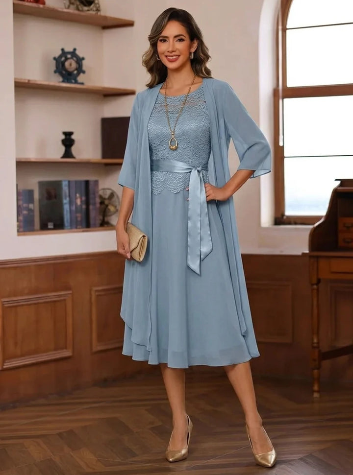 A-Line/Princess Scoop Chiffon Mother of the Bride Dresses with Jacket Tea-Length 3/4 Sleeves Lace Floral