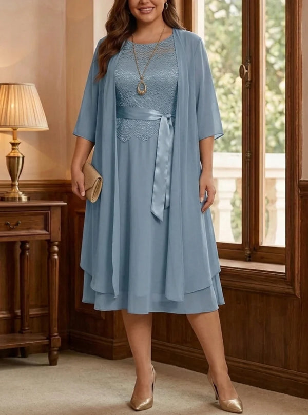 A-Line/Princess Scoop Chiffon Plus Size Mother of the Bride Dresses with Jacket Tea-Length 3/4 Sleeves Lace Floral