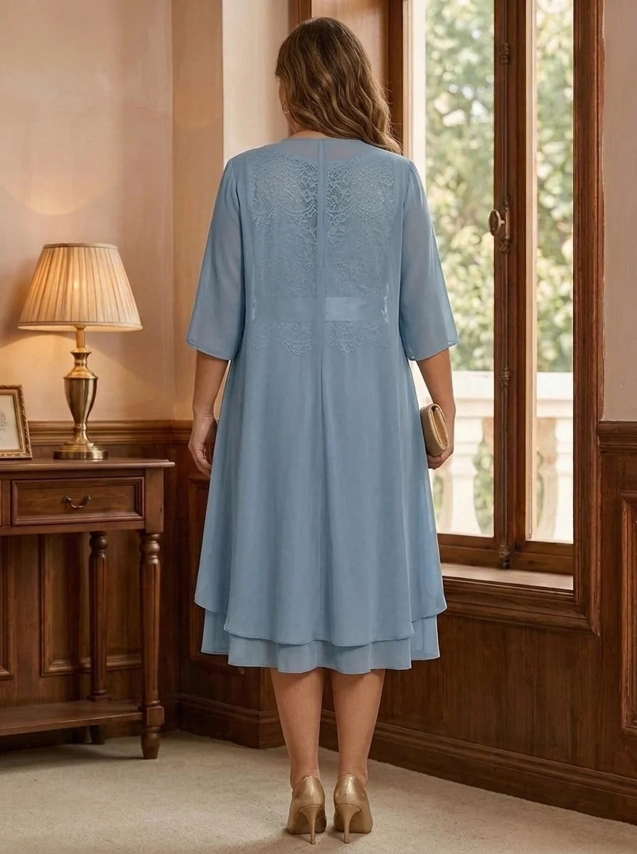 A-Line/Princess Scoop Chiffon Plus Size Mother of the Bride Dresses with Jacket Tea-Length 3/4 Sleeves Lace Floral
