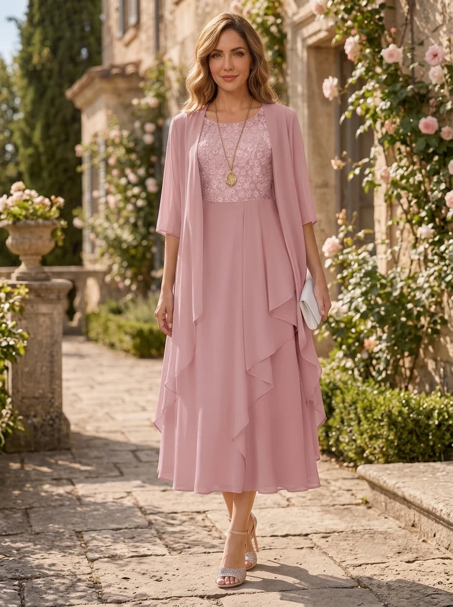 A-Line/Princess Scoop Mother of the Bride Dresses with Jacket Chiffon Tea-Length Ruffles Half Sleeves Lace Floral