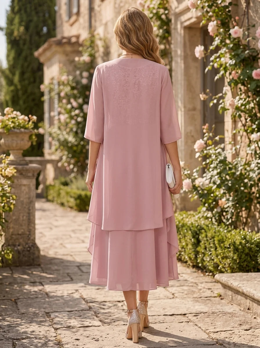 A-Line/Princess Scoop Mother of the Bride Dresses with Jacket Chiffon Tea-Length Ruffles Half Sleeves Lace Floral
