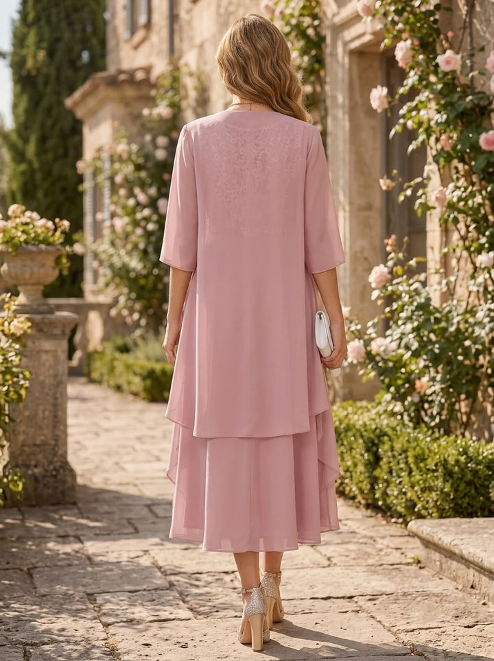 A-Line/Princess Scoop Mother of the Bride Dresses with Jacket Chiffon Tea-Length Ruffles Half Sleeves Lace Floral