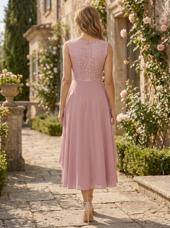 A-Line/Princess Scoop Mother of the Bride Dresses with Jacket Chiffon Tea-Length Ruffles Half Sleeves Lace Floral