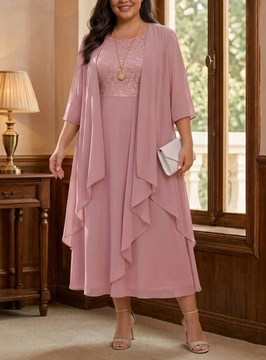 A-Line/Princess Scoop Plus Size Mother of the Bride Dresses with Jacket Chiffon Tea-Length Ruffles Half Sleeves Lace Floral