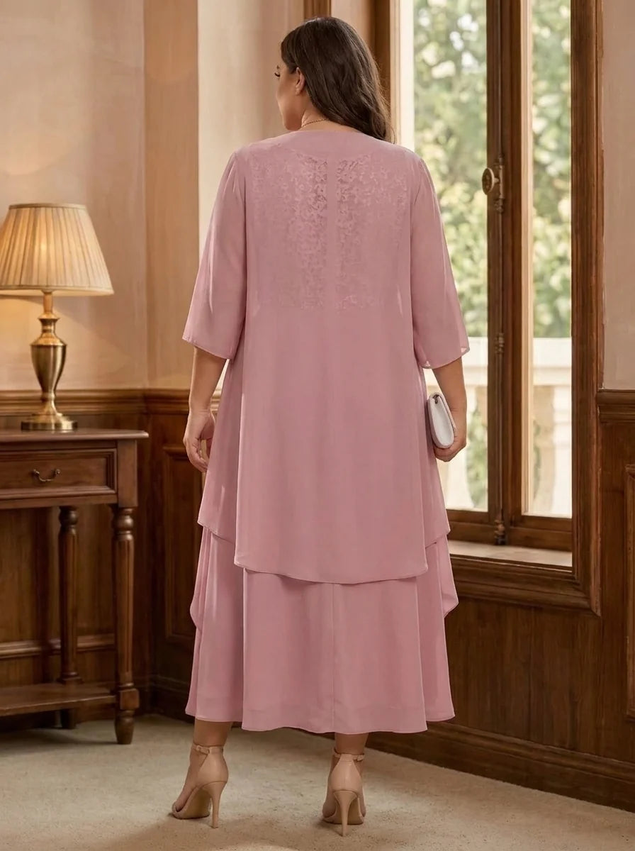 A-Line/Princess Scoop Plus Size Mother of the Bride Dresses with Jacket Chiffon Tea-Length Ruffles Half Sleeves Lace Floral