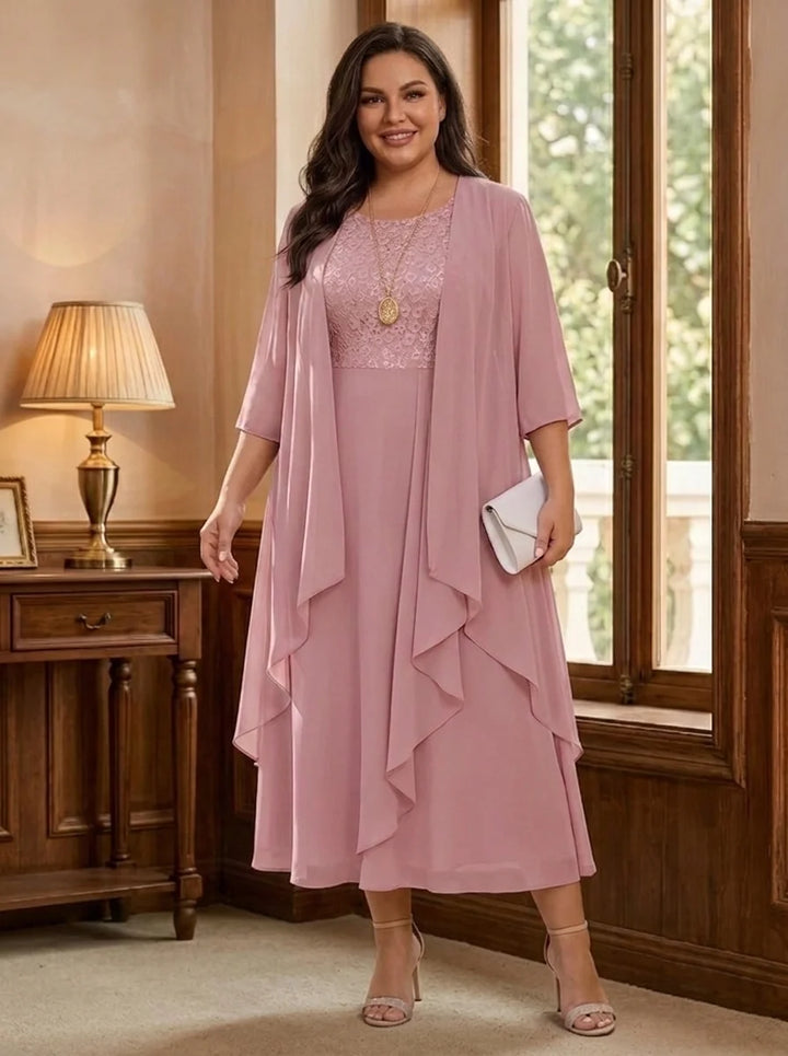 A-Line/Princess Scoop Plus Size Mother of the Bride Dresses with Jacket Chiffon Tea-Length Ruffles Half Sleeves Lace Floral