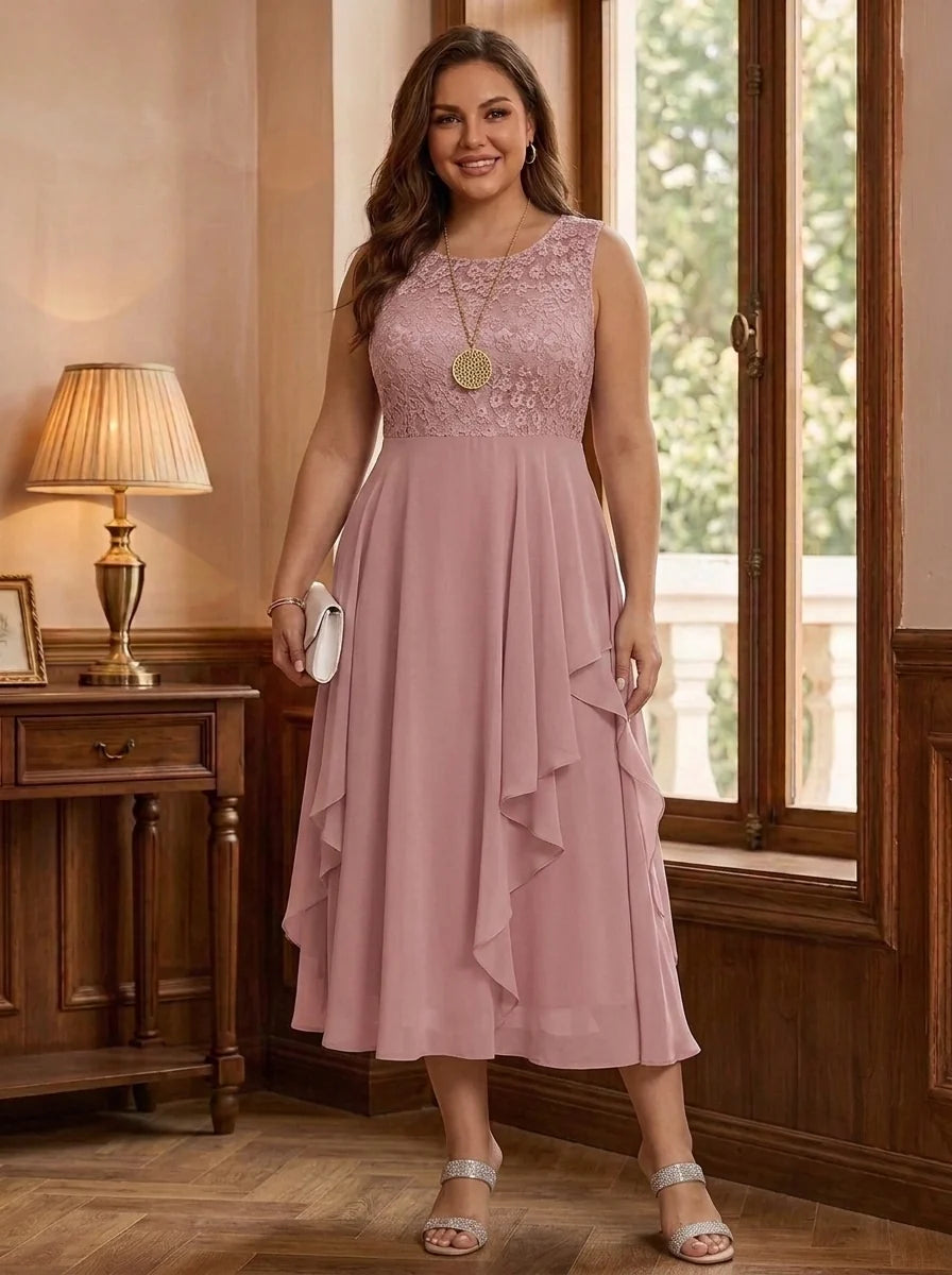 A-Line/Princess Scoop Plus Size Mother of the Bride Dresses with Jacket Chiffon Tea-Length Ruffles Half Sleeves Lace Floral