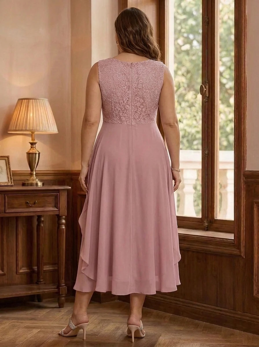 A-Line/Princess Scoop Plus Size Mother of the Bride Dresses with Jacket Chiffon Tea-Length Ruffles Half Sleeves Lace Floral