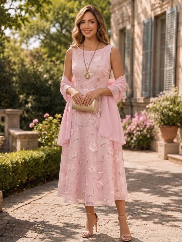 A-Line/Princess Scoop Chiffon Mother of the Bride Dresses with Wrap Tea-Length Sleeveless Lace Sequins
