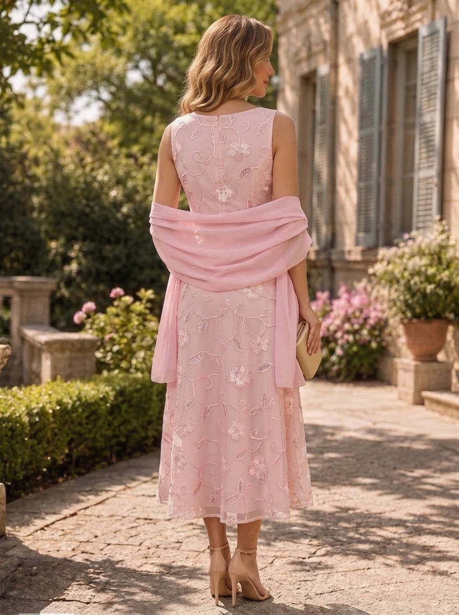 A-Line/Princess Scoop Chiffon Mother of the Bride Dresses with Wrap Tea-Length Sleeveless Lace Sequins