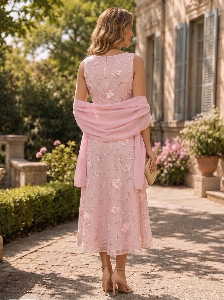 A-Line/Princess Scoop Chiffon Mother of the Bride Dresses with Wrap Tea-Length Sleeveless Lace Sequins
