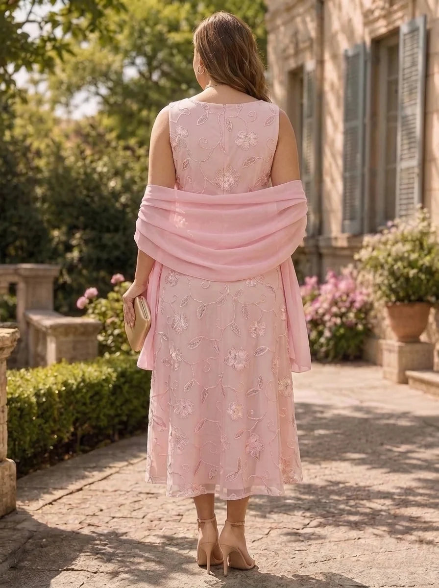 A-Line/Princess Scoop Chiffon Plus Size Mother of the Bride Dresses with Wrap Tea-Length Sleeveless Lace Sequins