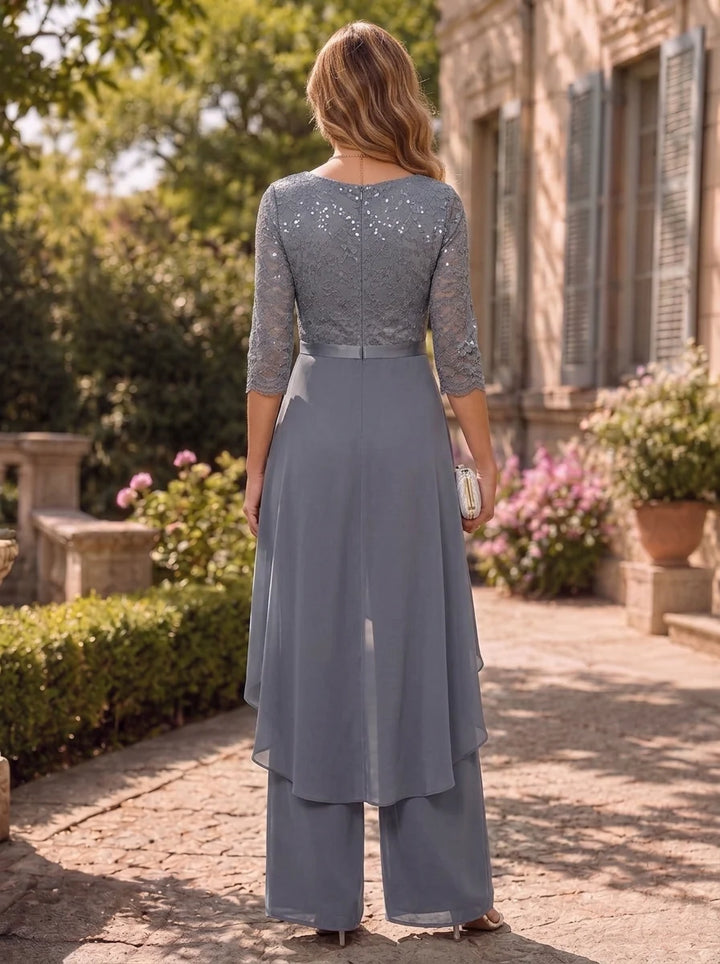 Chiffon Scoop Mother of the Bride Jumpsuits with Overskirt Ankle-Length Ruffles 3/4 Sleeves Lace Floral