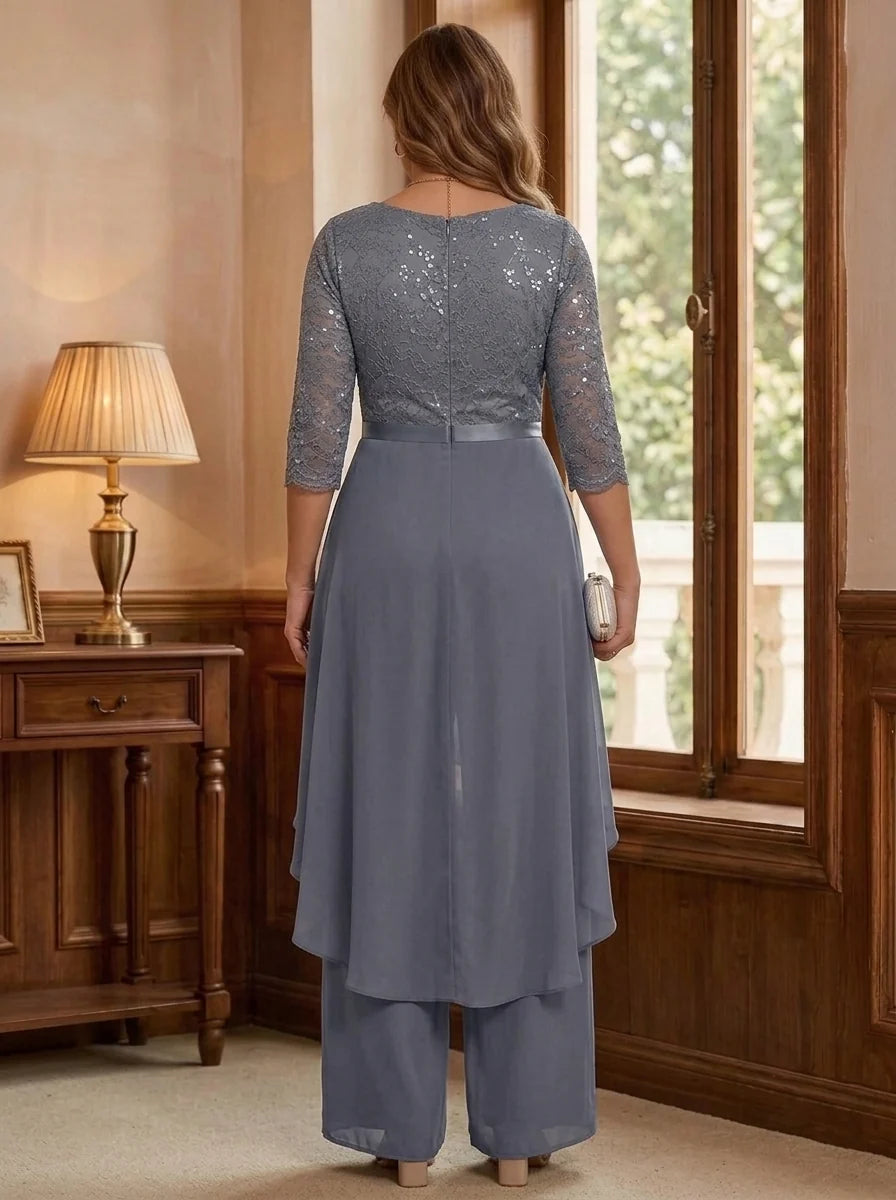 Chiffon Scoop Plus Size Mother of the Bride Jumpsuits with Overskirt Ankle-Length Ruffles 3/4 Sleeves Lace Floral