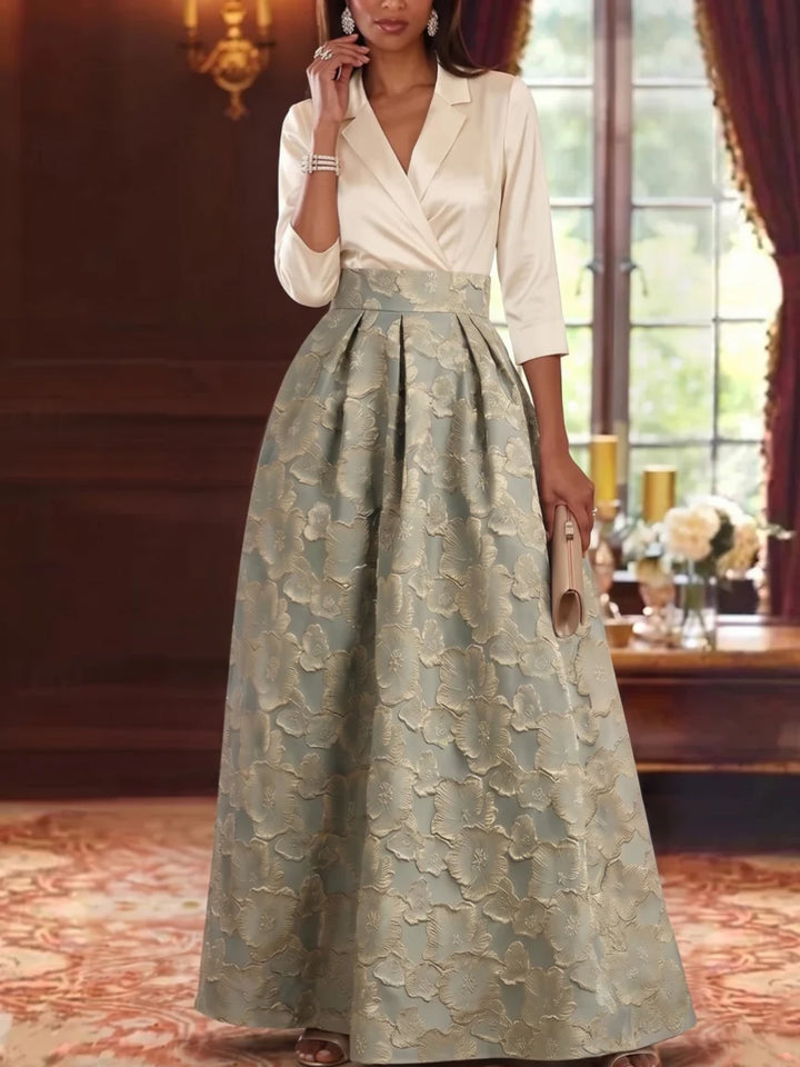 A-Line/Princess V-Neck Jacquard Mother of the Bride Dresses Floral Floor-Length 3/4 Sleeves