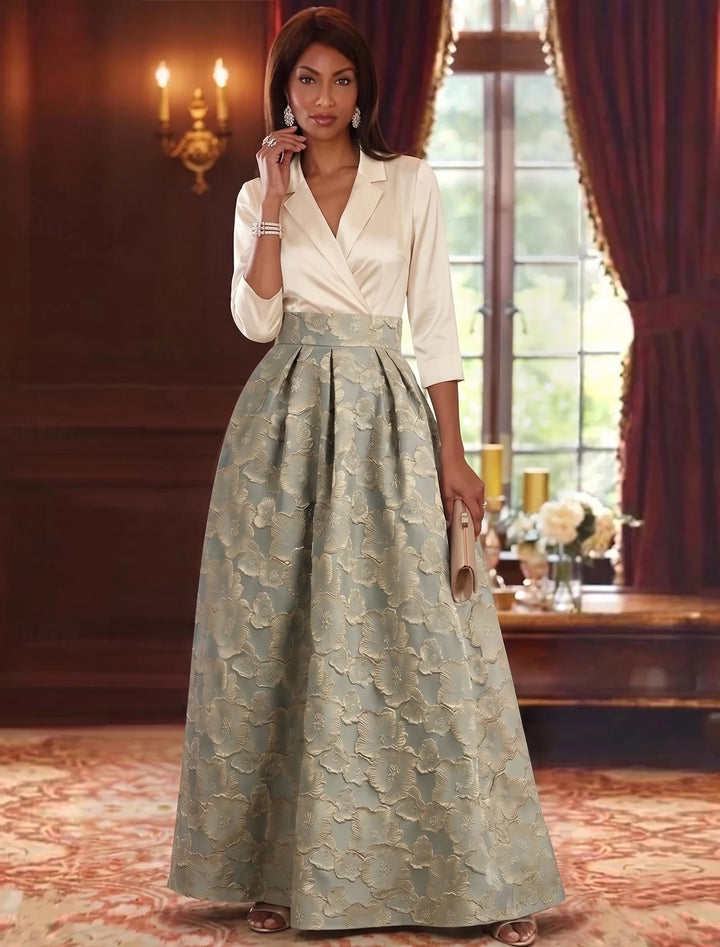 A-Line/Princess V-Neck Jacquard Mother of the Bride Dresses Floral Floor-Length 3/4 Sleeves