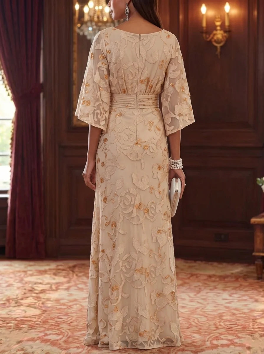 Sheath/Column Scoop Chiffon Lace Mother of the Bride Dresses Floral Floor-Length 3/4 Sleeves