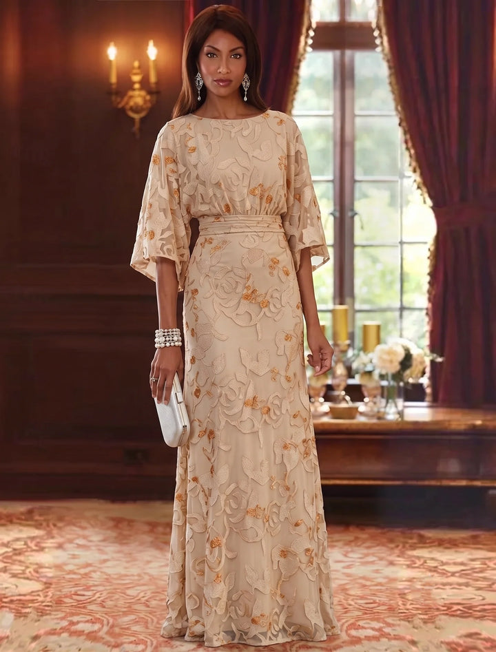Sheath/Column Scoop Chiffon Lace Mother of the Bride Dresses Floral Floor-Length 3/4 Sleeves