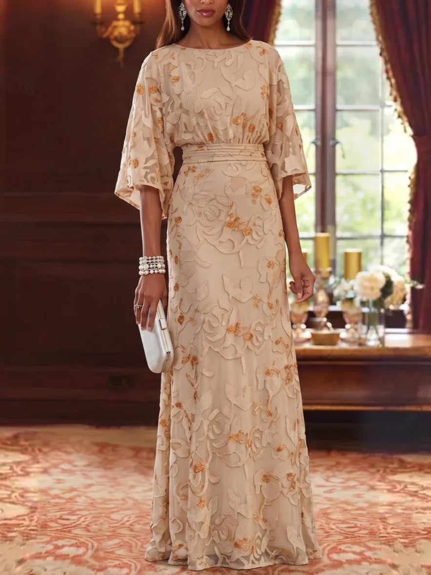 Sheath/Column Scoop Chiffon Lace Mother of the Bride Dresses Floral Floor-Length 3/4 Sleeves