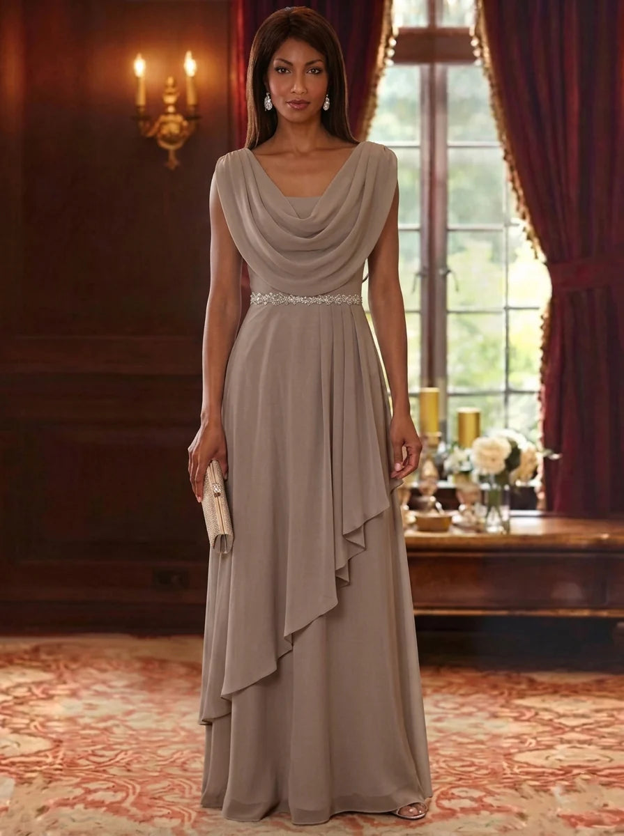 A-Line/Princess Cowl Neck Chiffon Mother of the Bride Dresses Floor-Length Ruffles Sleeveless