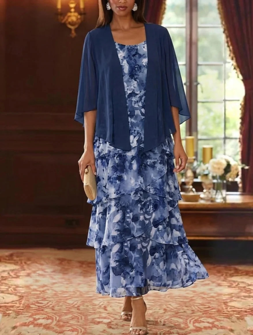 A-Line/Princess Scoop Chiffon Mother of the Bride Dresses with Jacket Floral Ankle-Length 3/4 Sleeves