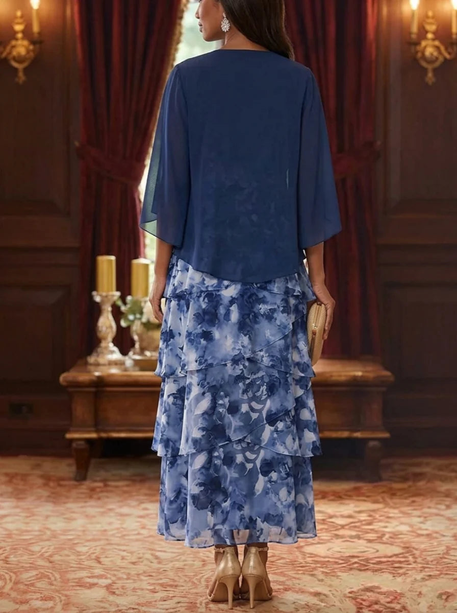 A-Line/Princess Scoop Chiffon Mother of the Bride Dresses with Jacket Floral Ankle-Length 3/4 Sleeves
