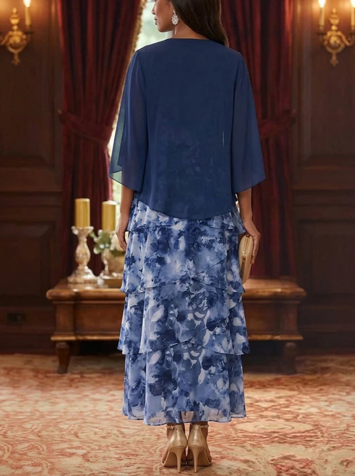 A-Line/Princess Scoop Chiffon Mother of the Bride Dresses with Jacket Floral Ankle-Length 3/4 Sleeves
