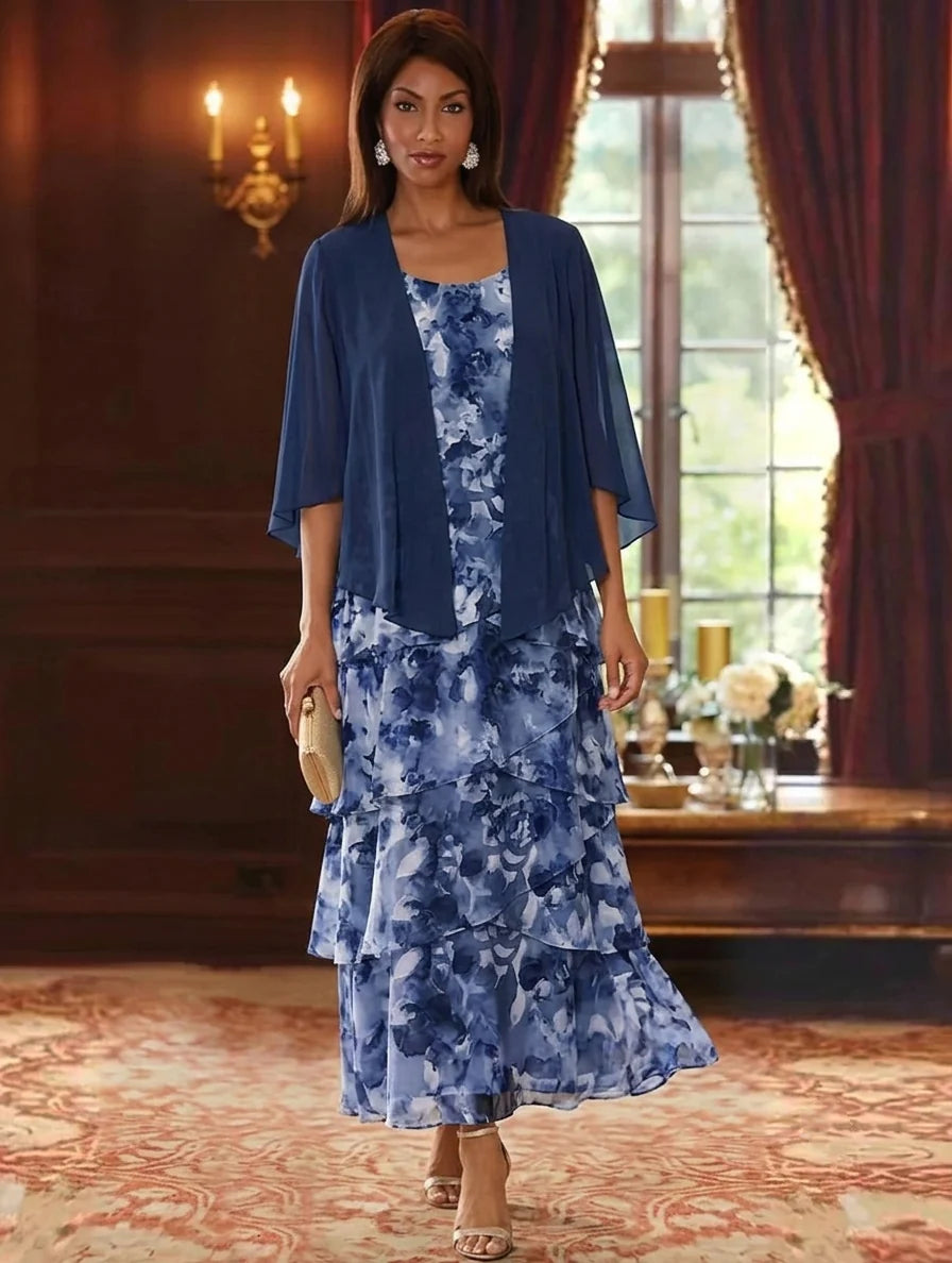 A-Line/Princess Scoop Chiffon Mother of the Bride Dresses with Jacket Floral Ankle-Length 3/4 Sleeves