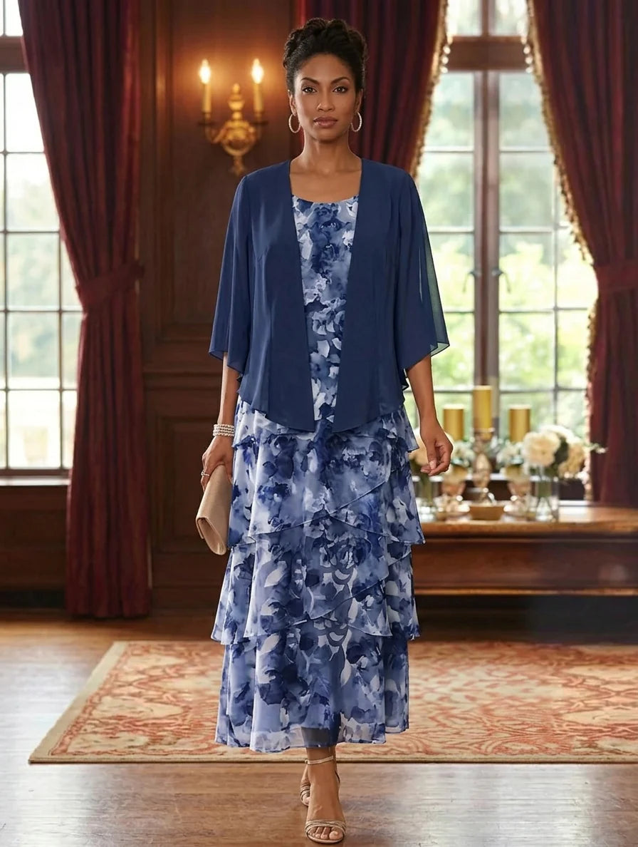 A-Line/Princess Scoop Chiffon Mother of the Bride Dresses with Jacket Floral Ankle-Length 3/4 Sleeves