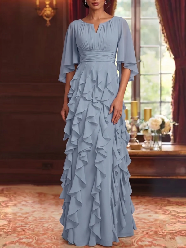 A-Line/Princess Scoop Chiffon Mother of the Bride Dresses Floor-Length Ruffles 3/4 Sleeves