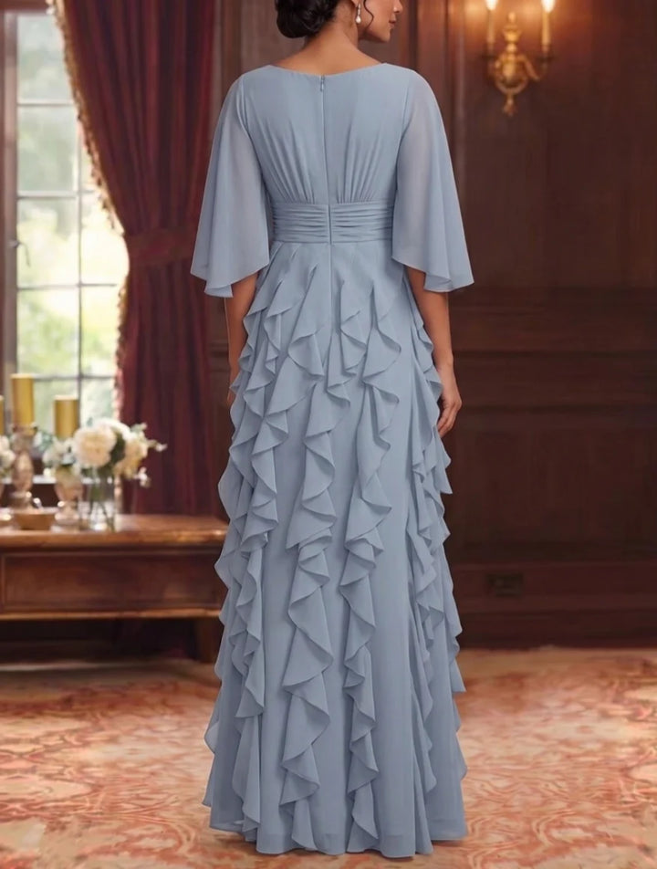 A-Line/Princess Scoop Chiffon Mother of the Bride Dresses Floor-Length Ruffles 3/4 Sleeves