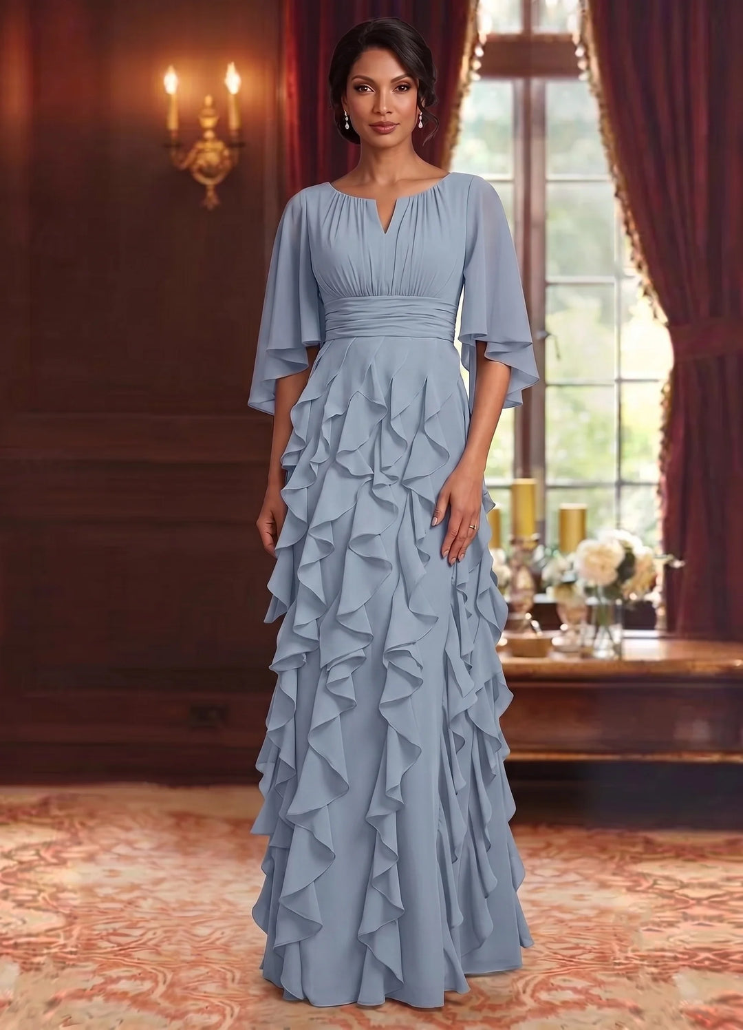 A-Line/Princess Scoop Chiffon Mother of the Bride Dresses Floor-Length Ruffles 3/4 Sleeves