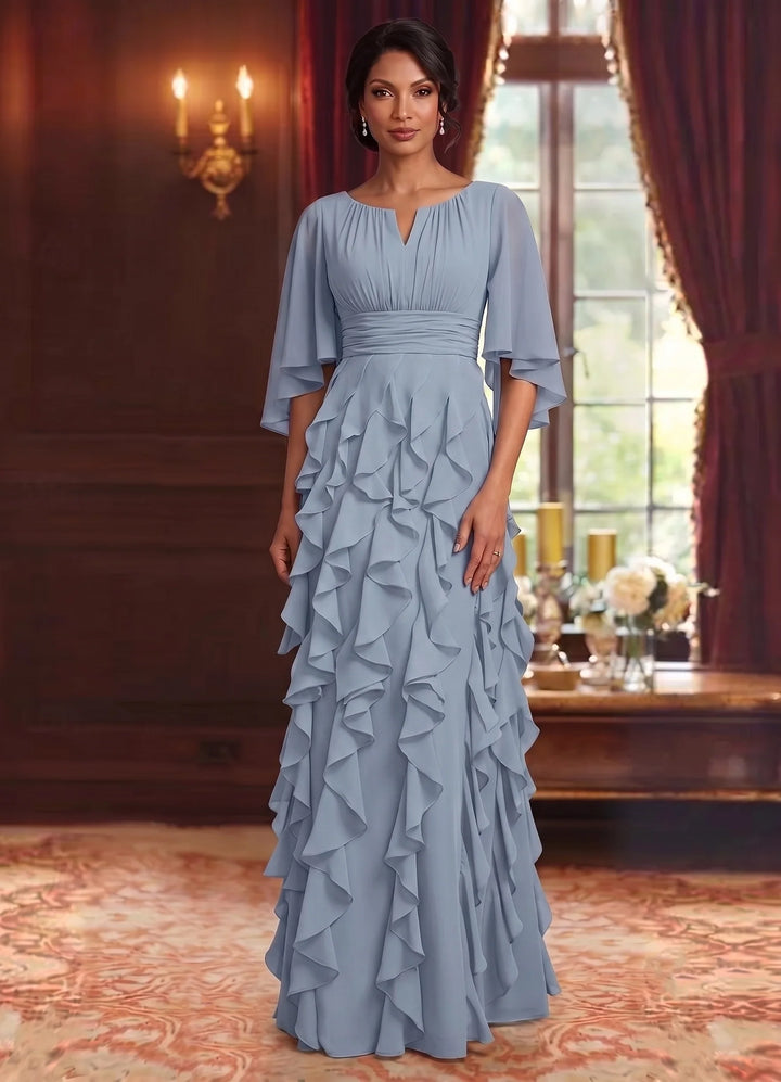 A-Line/Princess Scoop Chiffon Mother of the Bride Dresses Floor-Length Ruffles 3/4 Sleeves