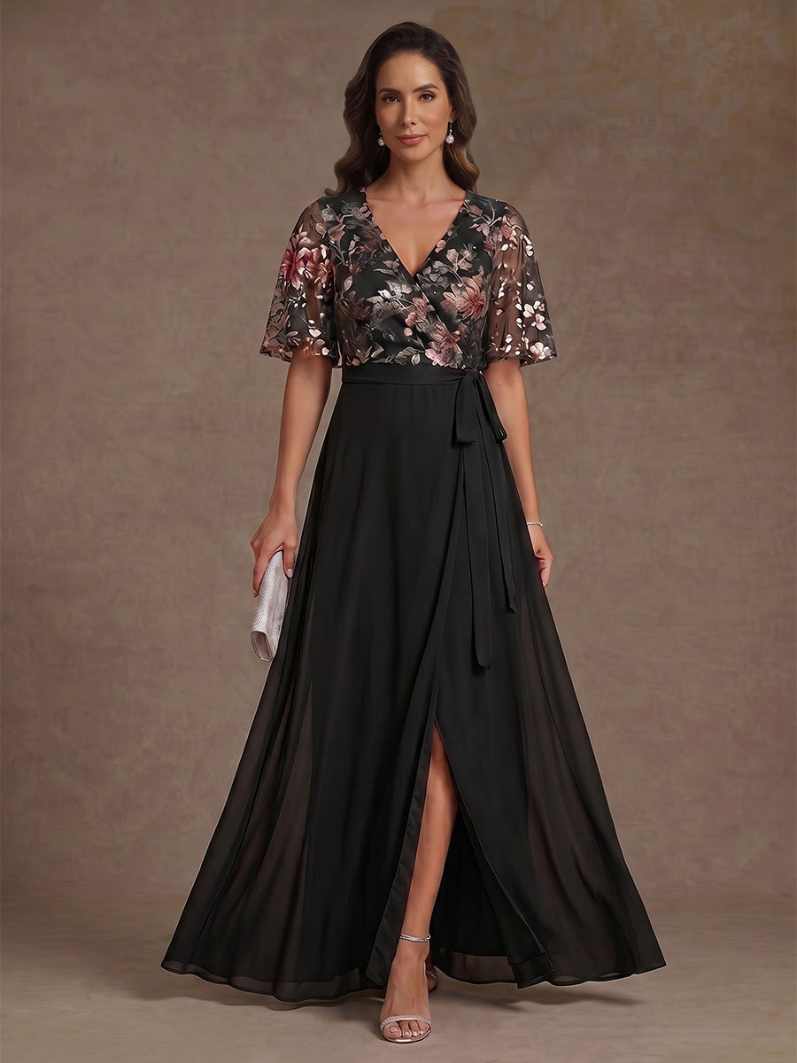A-Line/Princess V-Neck Chiffon Mother of the Bride Dresses with Split Side Floral Short Sleeves Floor-Length