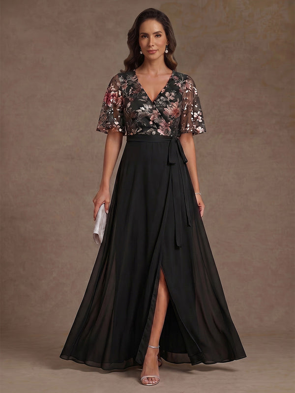 A-Line/Princess V-Neck Chiffon Mother of the Bride Dresses with Split Side Floral Short Sleeves Floor-Length