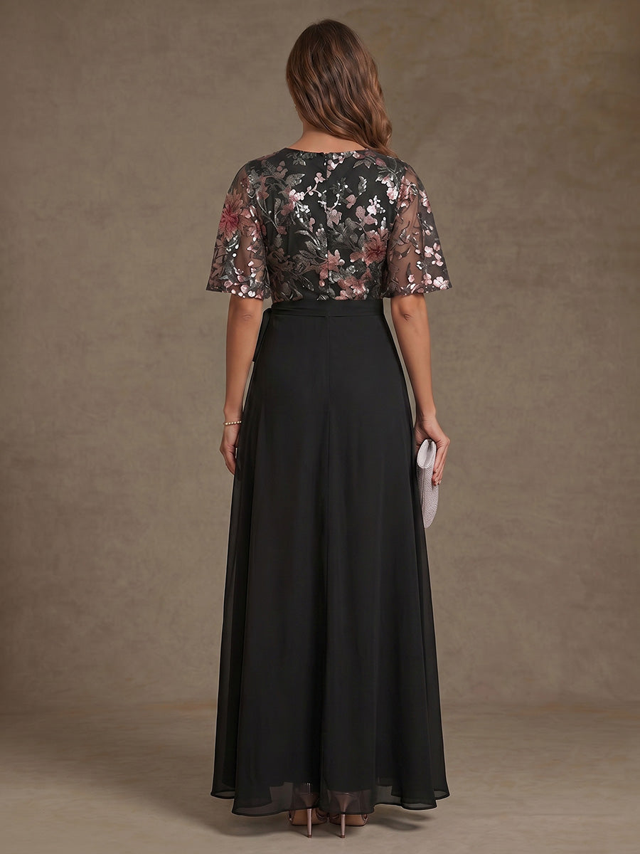 A-Line/Princess V-Neck Chiffon Mother of the Bride Dresses with Split Side Floral Short Sleeves Floor-Length