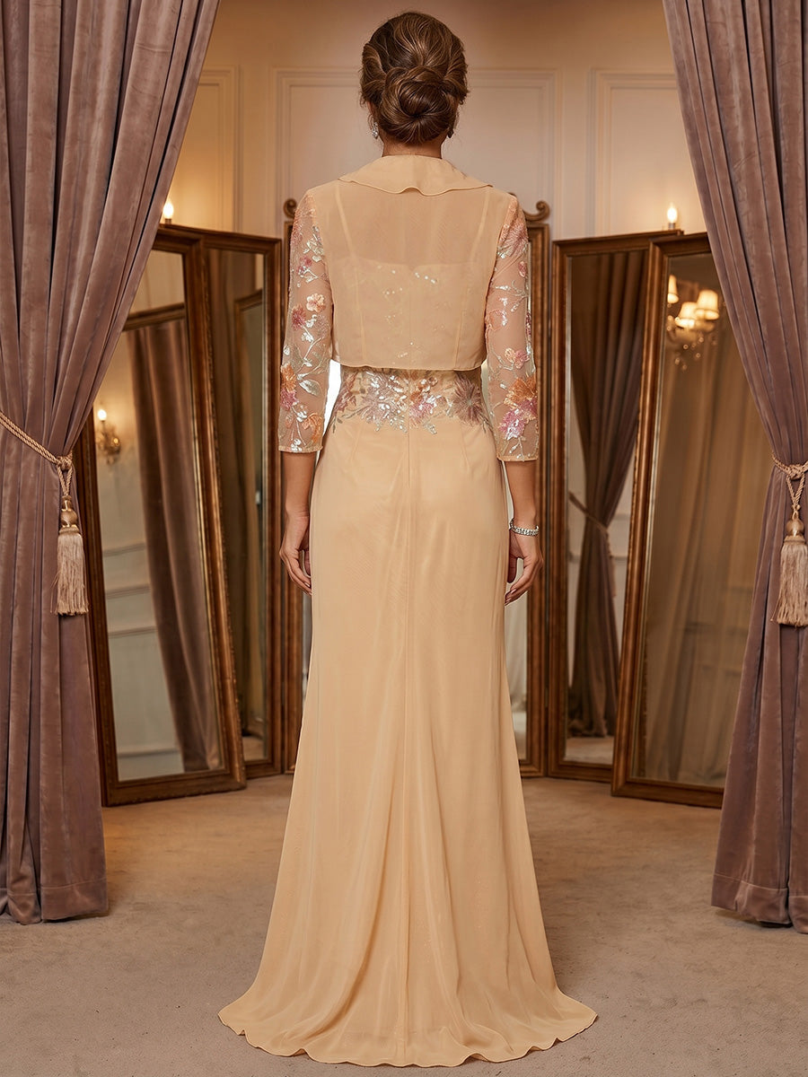 Sheath/Column Scoop Chiffon Mother of the Bride Dresses with Jacket Floral Floor-Length Split Side 3/4 Sleeves