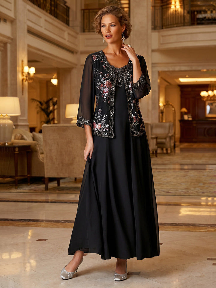A-Line/Princess Scoop Chiffon Mother of the Bride Dresses with Jacket Floral 3/4 Sleeves Ankle-Length