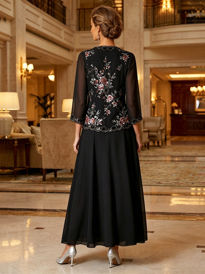 A-Line/Princess Scoop Chiffon Mother of the Bride Dresses with Jacket Floral 3/4 Sleeves Ankle-Length