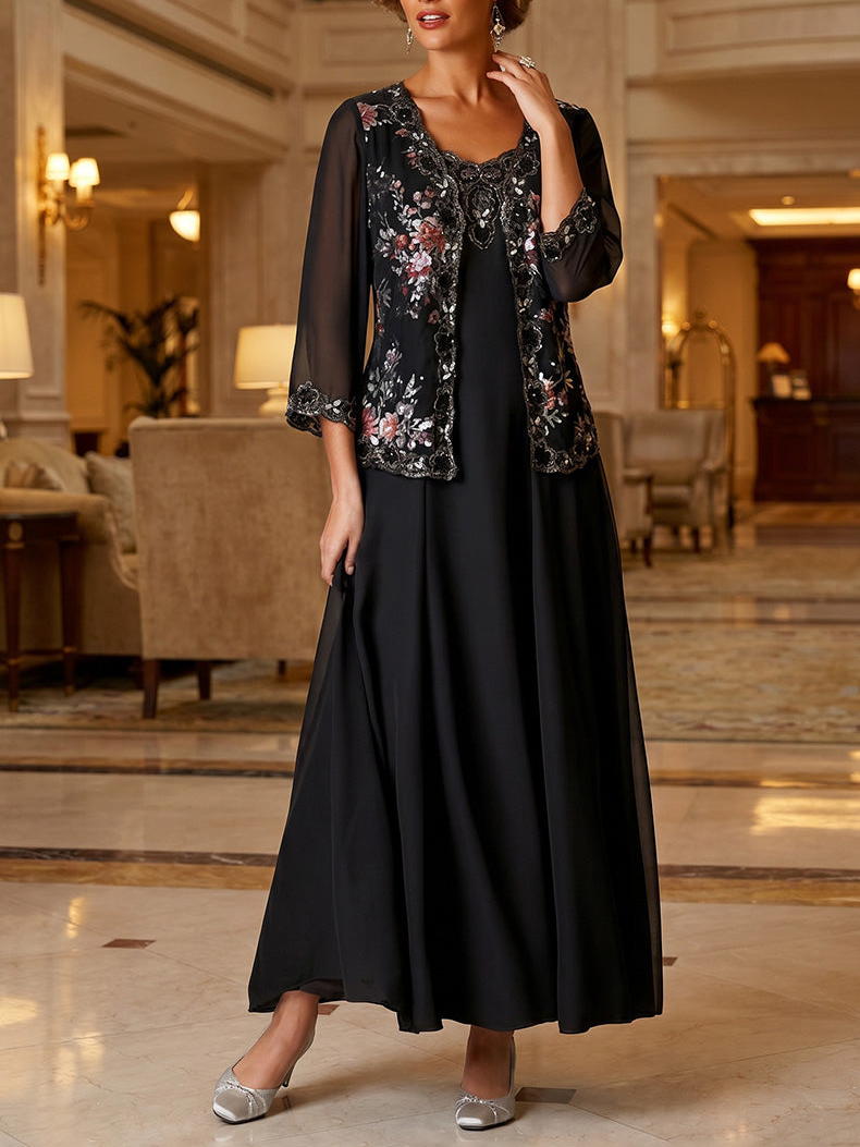 A-Line/Princess Scoop Chiffon Mother of the Bride Dresses with Jacket Floral 3/4 Sleeves Ankle-Length