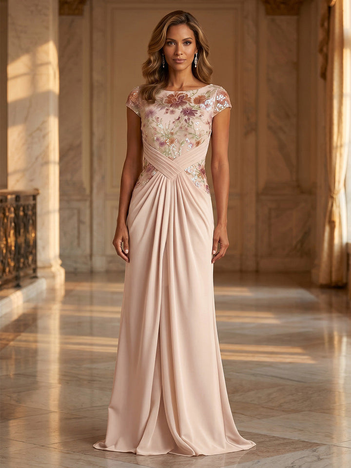 Sheath/Column Scoop Chiffon Mother of the Bride Dresses Floral Floor-Length Cap Sleeves Ruched