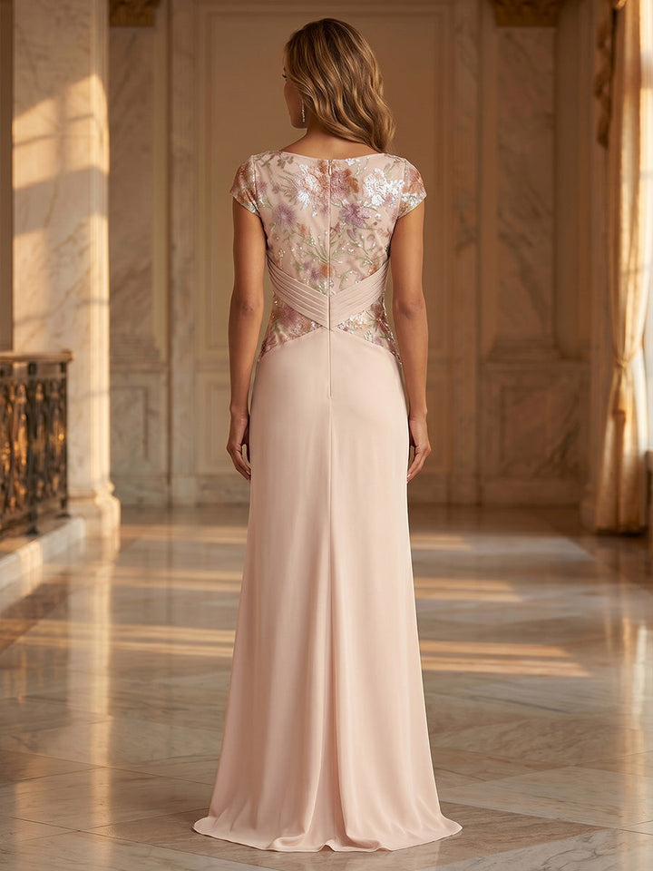 Sheath/Column Scoop Chiffon Mother of the Bride Dresses Floral Floor-Length Cap Sleeves Ruched