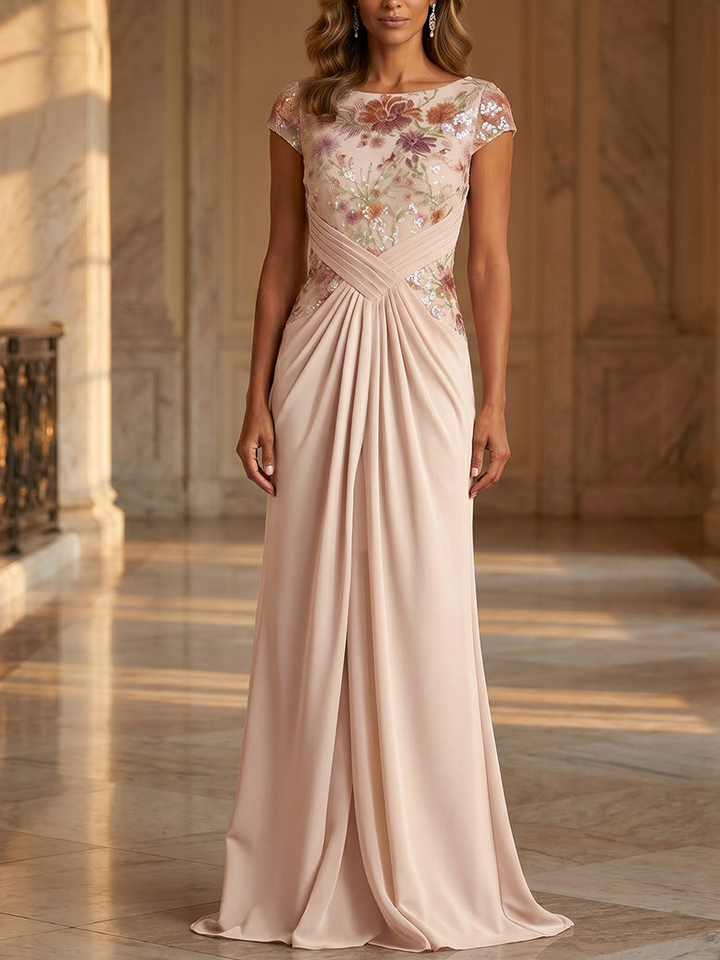 Sheath/Column Scoop Chiffon Mother of the Bride Dresses Floral Floor-Length Cap Sleeves Ruched