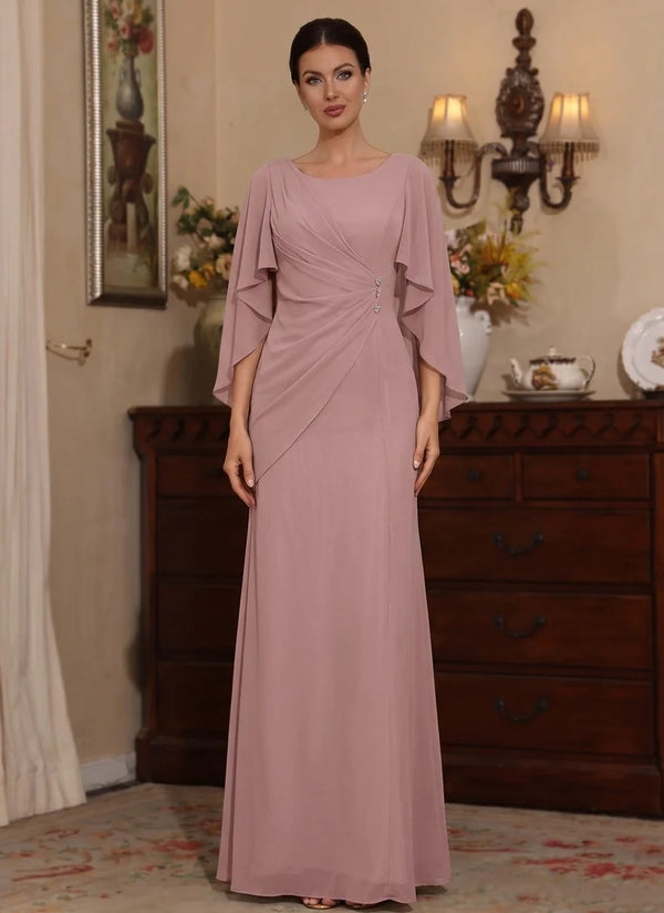 A-Line/Princess Scoop Chiffon Mother of the Bride Dresses Floor-Length Cape Sleeves Ruched
